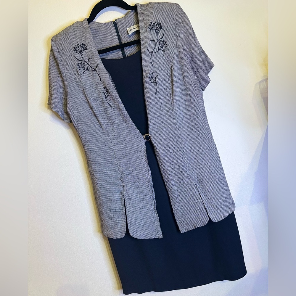 Michael Blake Vintage 14P Two-Piece Dress Jacket Set Navy & Gray Floral